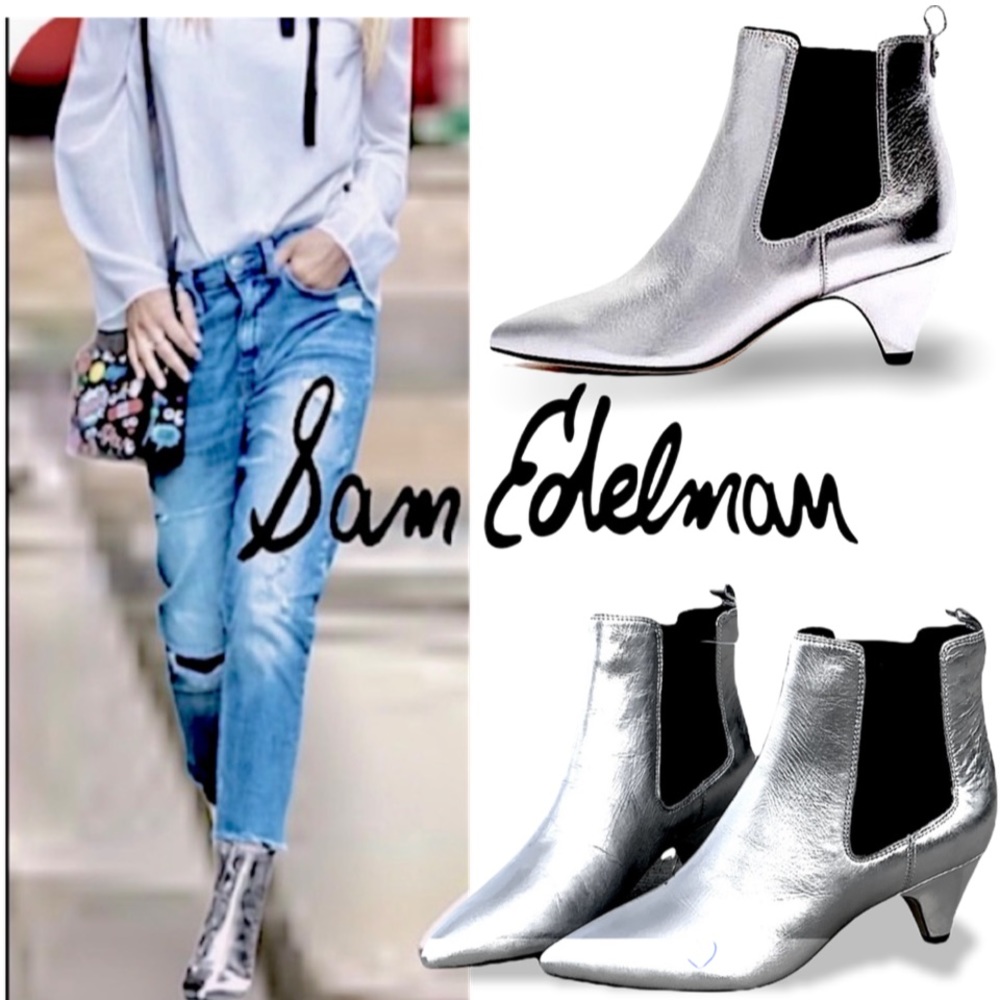 NWT Sam Edelman Leather Silver Metallic Katt Chelsea Kitten Heel Ankle Boot